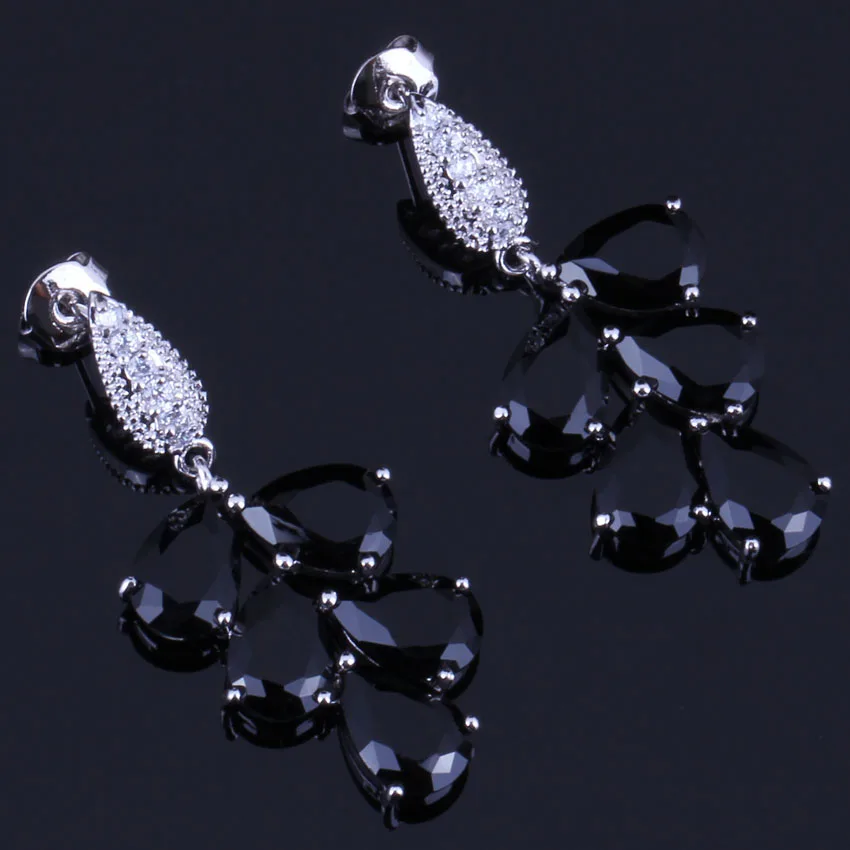 Enchanting Big Black Cubic Zirconia White CZ Silver Plated Drop Dangle Earrings V0338