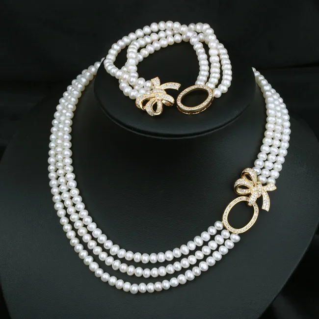 3rows freshwater pearl near round 8-9mm necklace bracelet wholesale beads 18-20inch  nature unique clasp