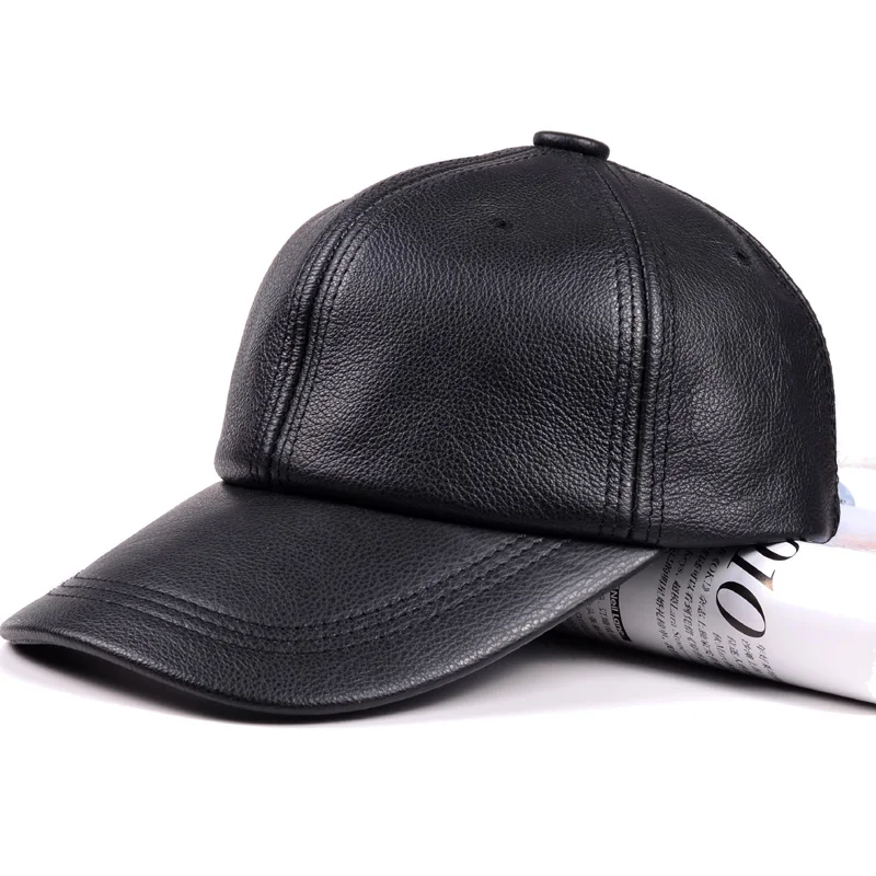 RY9112 Branded New Male Casual Genuine Leather Baseball Cap For Men Real Cowhide Black/Beige Dad Hats Mens Big Brim Cool Hat