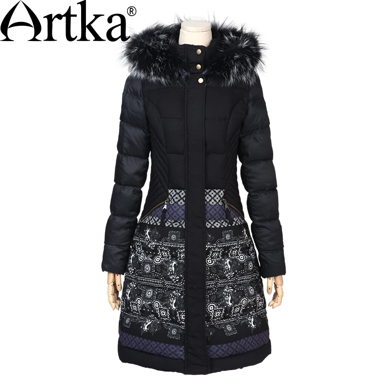 ARTKA Fur Parka Women\'s Winter Jacket With Hood 2018 Black Long Parka Print Ladies Overcoat Luxury Duck Coat For Women ZK15255D