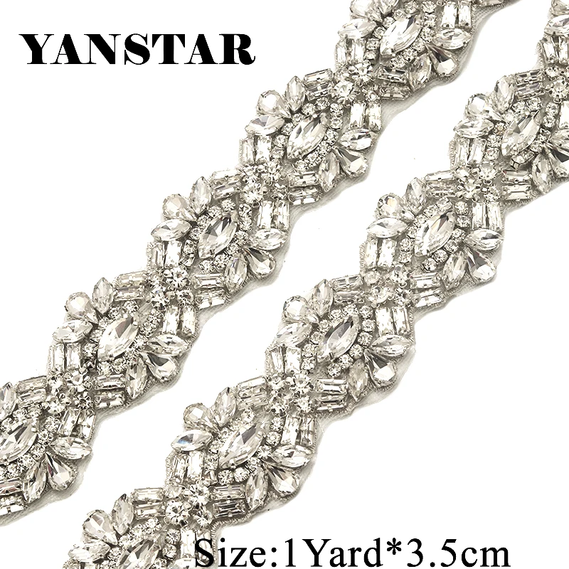 YANSTAR 1 Yard Rhinestones Appliques Wedding Dresses Belts Sew On Bridal  Sashes trim Clear Silver Rhinestones YS949