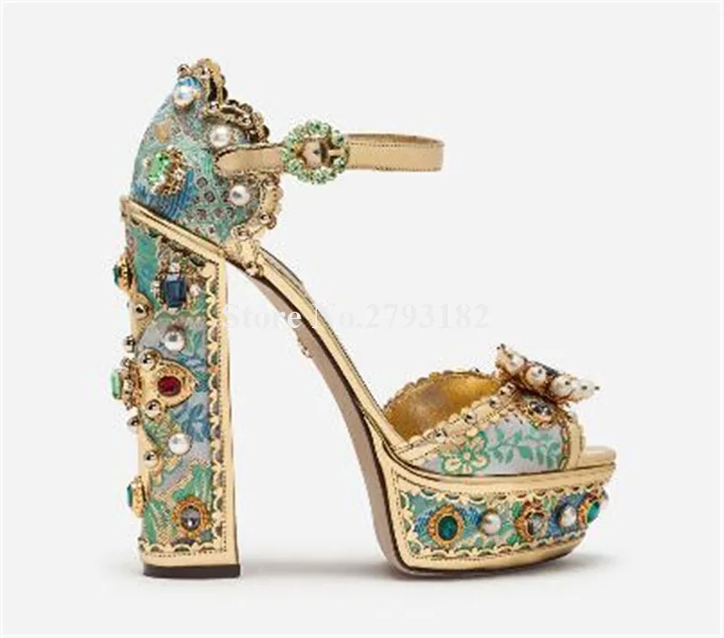 

Brand Design Women Fashion Open Toe Flowers Printed High Platform Beads Rhinestone Chunky Heel Sandals Diamonds High Heel Sandal