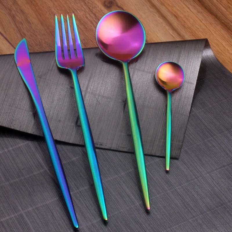 Flatware Set Steak Knife Soup Scoop Meat Fork Stainless Steel Portugal Style Rainbow Color Dinnerware Rose Gold Tableware 1set