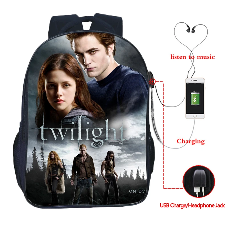 Beautiful Twilight USB Charge Backpack Men Women Boys Girls Rucksack Fashion Backpack Beautiful Edward Cullen knapsack