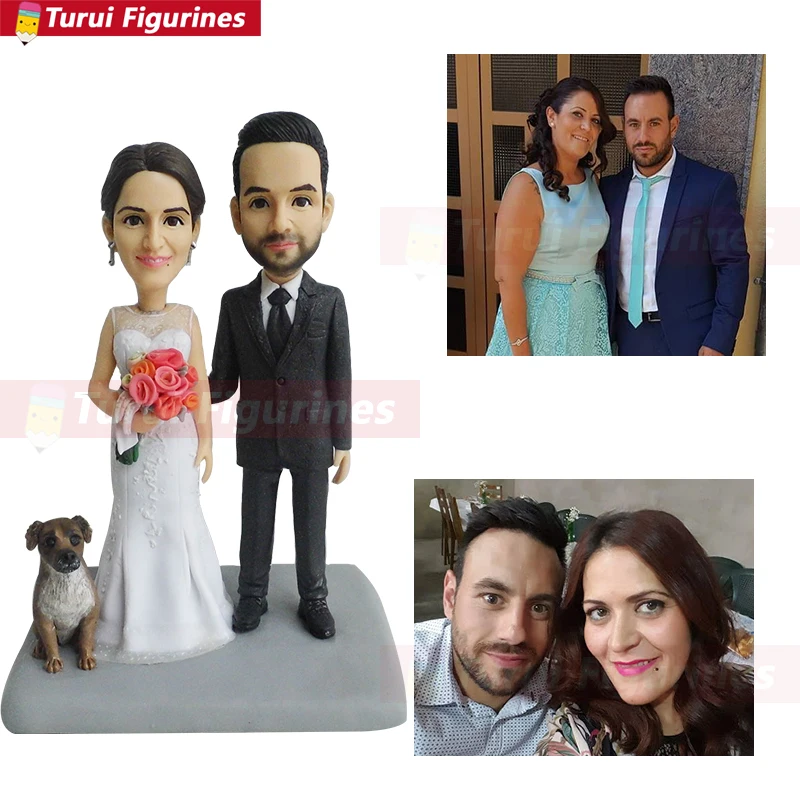 wedding cake topper with dog figurine make a Custom bobblehead mini me dog statue couple figurine custom bobblehead wedding topp