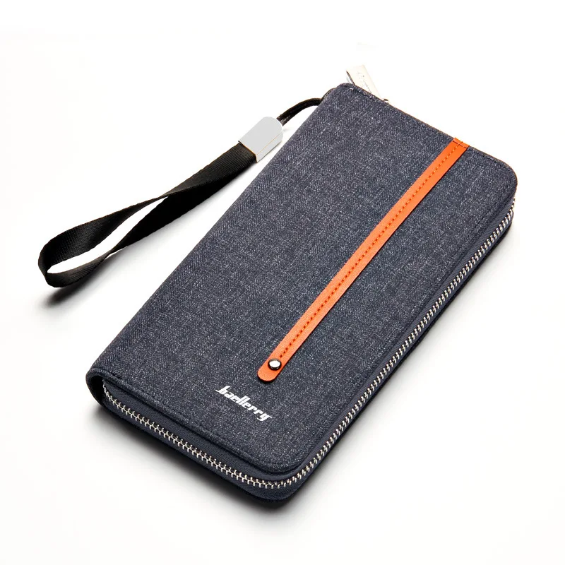 baellerry Luxury Long Men Wallets Canvas With Leather Male Clutch Bag Zipper Business Purse Wristlet Phone Bag Card Holder