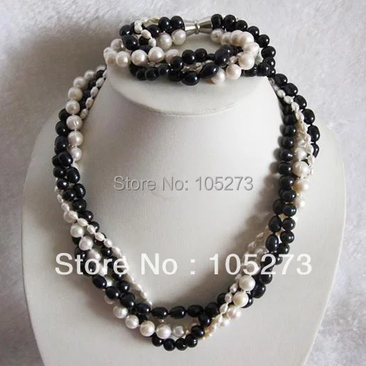 

New Arriver Pearl Jewelry Set 18inch AA 4-10MM 4Row White Black Mix Natural Freshwater Pearl Necklace Bracelet New Free Shipping