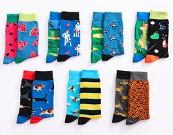 New Novelty Men Socks Colorful Fruit Watermelon guitar leopard bee 75% Cotton Harajuku Cool Skate High Socks for men Right left