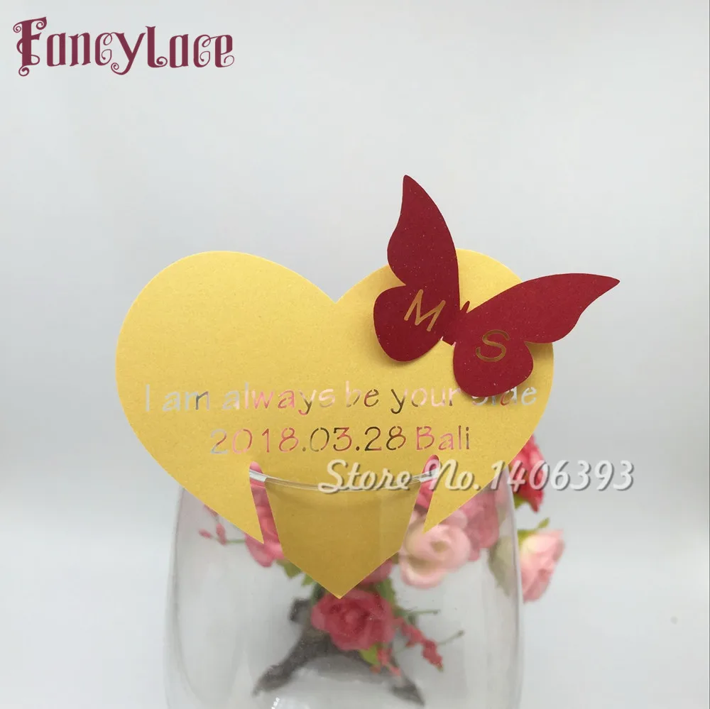 60pc DIY Love Heart Butterfly Wine Glass Paper Card Laser Cut Escort Cup Name Place Card Birthday Party Wedding Decorations