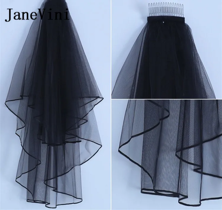 JaneVini 2020 Black Bridal Veils With Comb Two Layers Short Ribbon Edge Wedding Shoulder Veil Soft Tulle Cheap Women Accessories