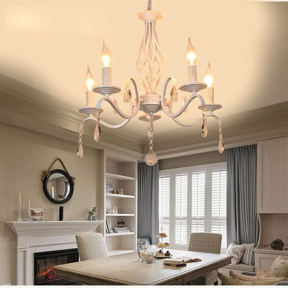 American Country Iron Chandelier Vintage Crystal Candle Hanging Lamp Rustic Black Metal Light for Dining Living Room Bedroom