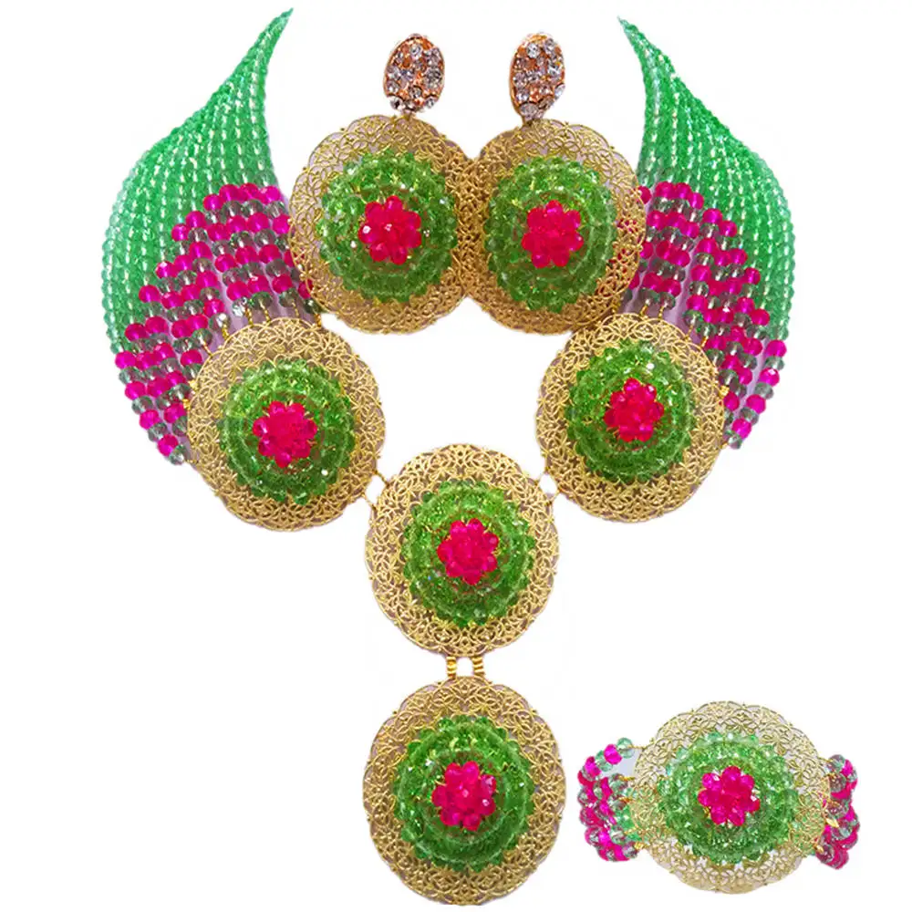 

Light Green and Fuchsia Pink African Necklace Beads Jewelry Set Nigerian Wedding Accessories Party Gifts 10PH05