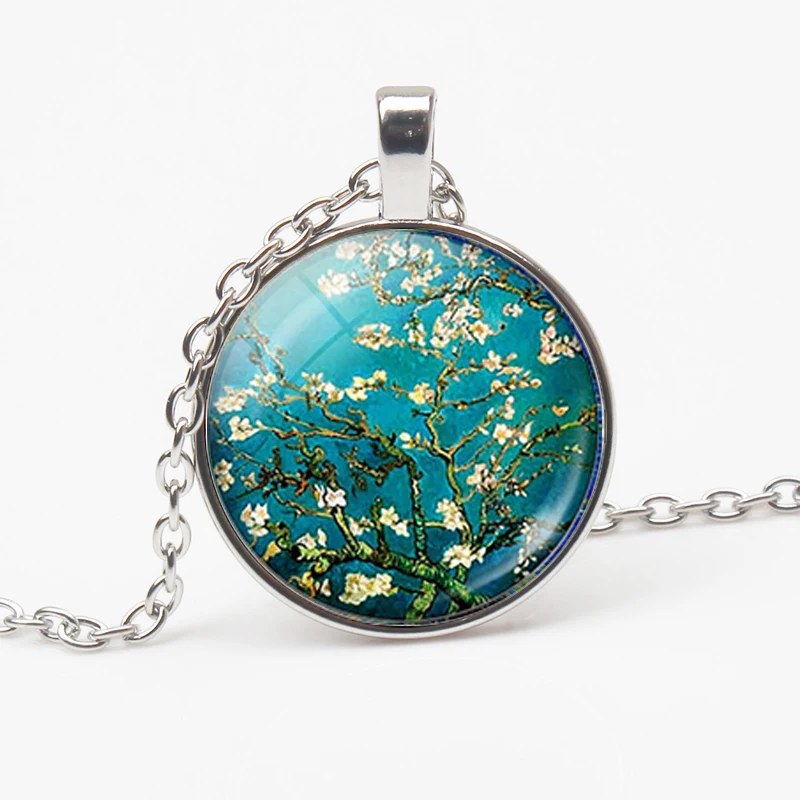 Vintage Van Gogh Oil Painting Pendant Necklace Moon Night Street Landscape Pattern Sunflower Necklace Men Women Handmade Trinket