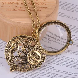 Magnifier Glass Pendant Sun with Moon and Stars Necklace Antique Gold Color Jewelry Opens and Closes