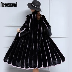 Nerazzurri Winter Fluffy Warm Long Faux Fur Coat Women Black and Purple Contrast Color Striped Patchwork Fake Fur Overcoat 2022