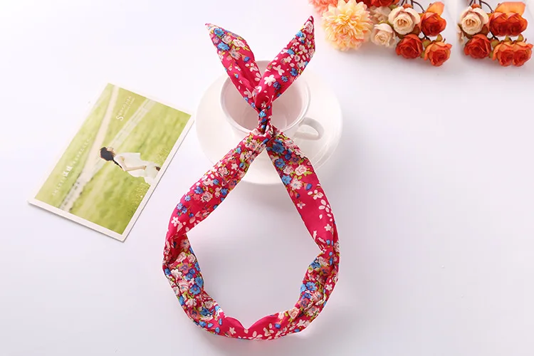 1Pc Cute Flower Dots lip print flower Bunny Rabbit Ear Ribbon Headwear Hairband Metal Wire Scarf Headband Hair Band Accessories