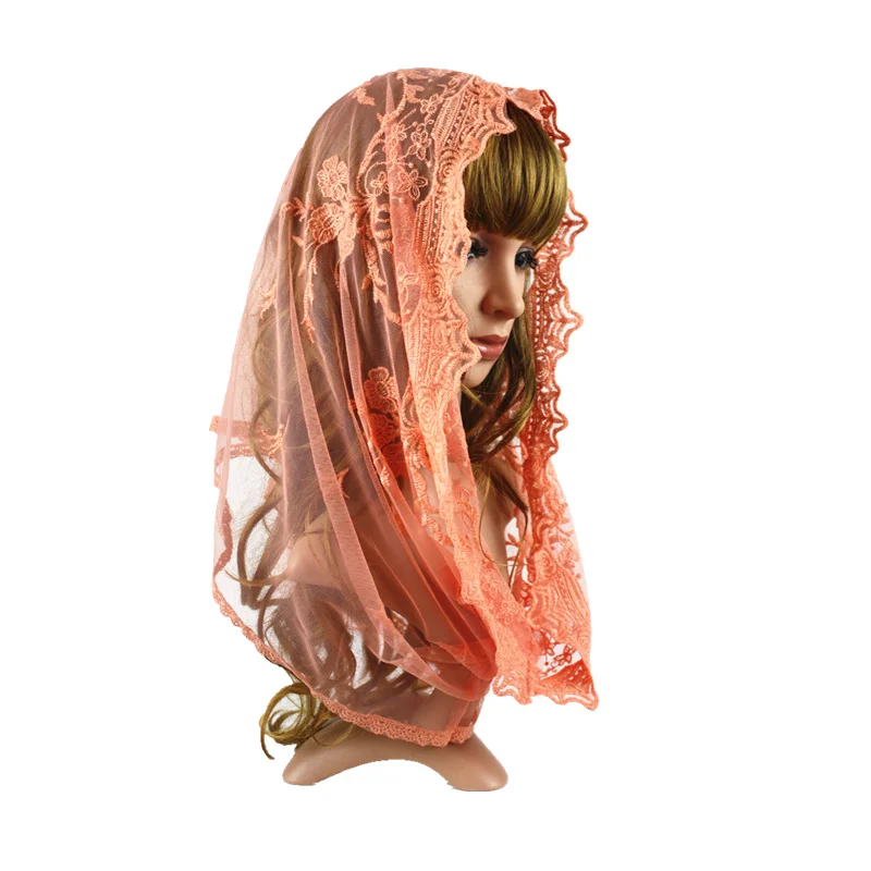 Orange Pink Embroidery Catholic Church Lace Veil Mantilla Chapel Scarf Lace Infinity Veil