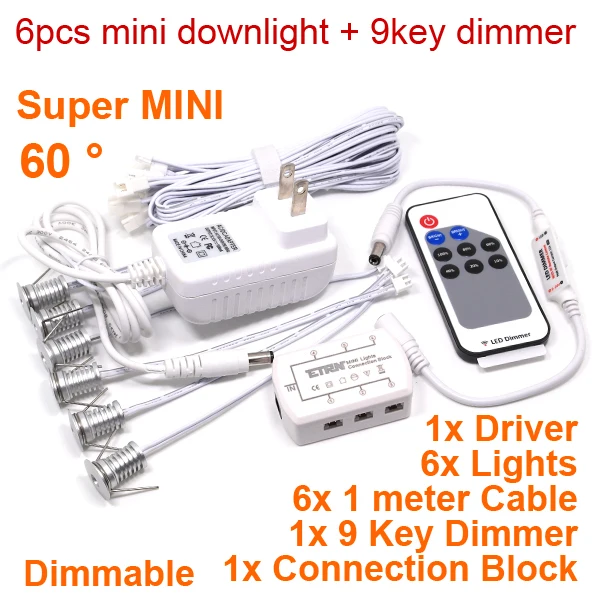 

6PCS/Set AC85-265V 1W MINI LED Downlights +LED Dimming Driver + Remote Controller spot downlight Warm Cool White Free Shipping