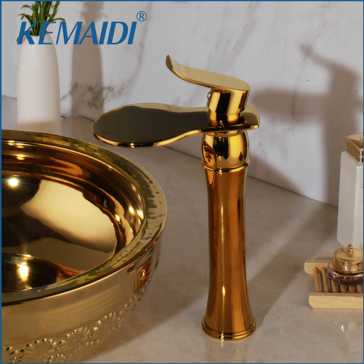 KEMAIDI Luxury Golden Plated Bathroom Basin Sink Faucet Tall Faucets Single Lever Waterfall Mixer Deck Mounted Brass Tap