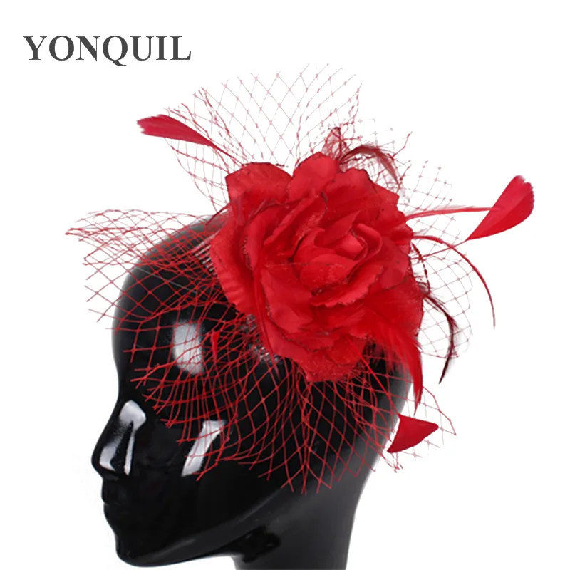 

New High Quality Elegant Women Feather Chic Fascinator Hats Good Bridal Wedding Hats Very Nice Red White Pink Gold Colors SYF 01