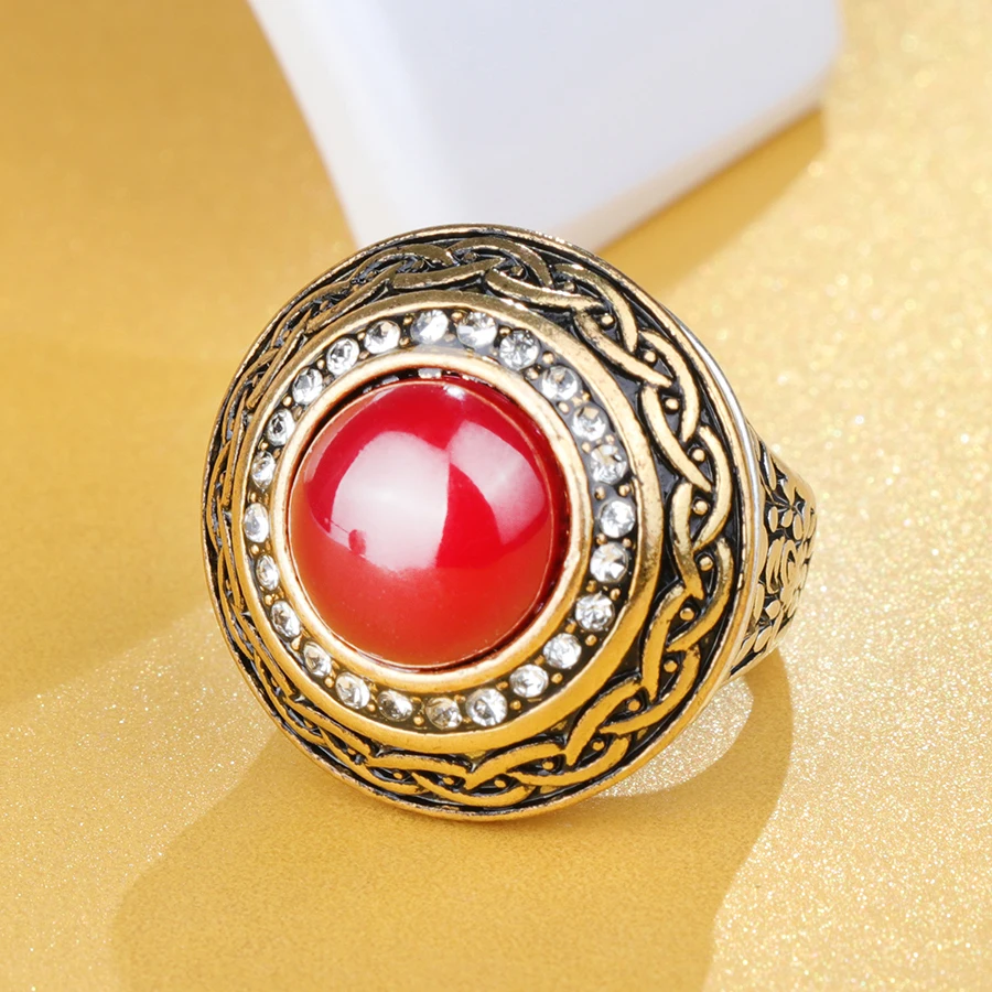 Kinel Luxury Vintage Wedding Ring For Women Gold Color Inlay Red Resin Crystal Fashion Round Big Rings Indian Jewelry