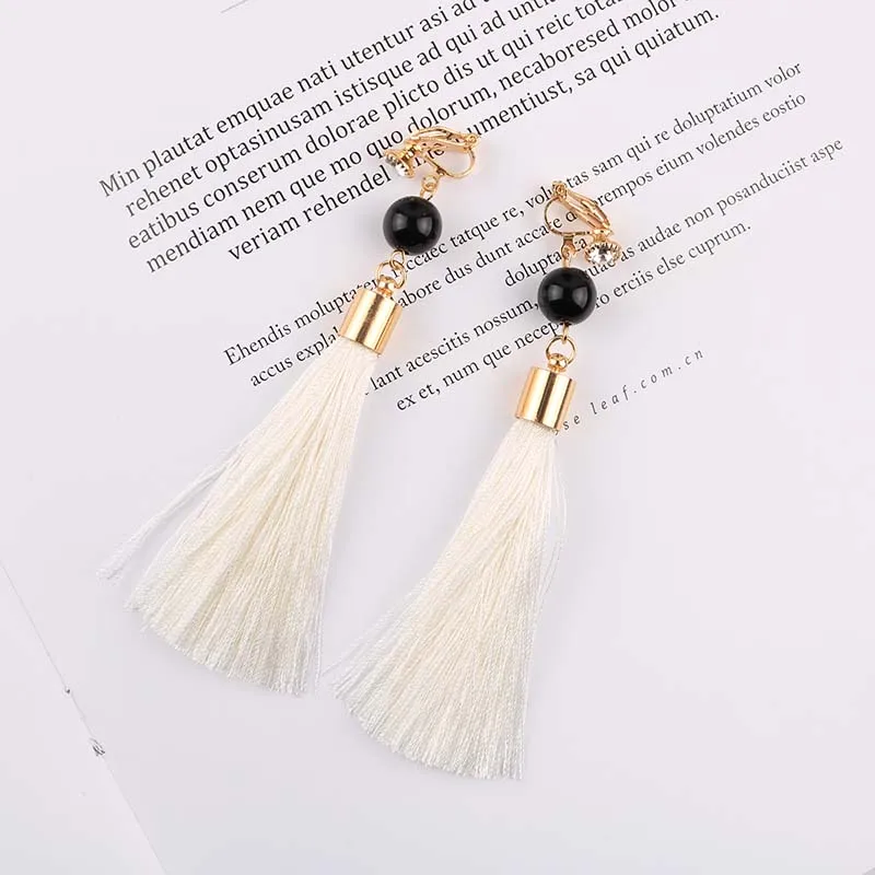 Bohemian Long Statement Tassel Clip On Earrings 9 Color For Female Non Pierced Dangle Trendy Cotton Rope Fringe Clip Ear Gift