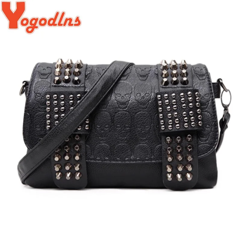 Yogodlns Women Black Leather Messenger Bags Fashion Vintage Messenger Cool Skull Rivets Shoulder Bags sac a main bolsa