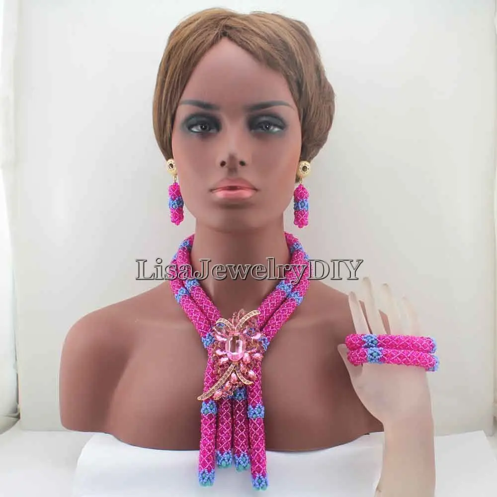 

2019 African Wedding Beads Necklace Set Costume Nigerian Pink/Lake Blue Beads Crystal Jewelry Set For Women Free Shipping HD7922