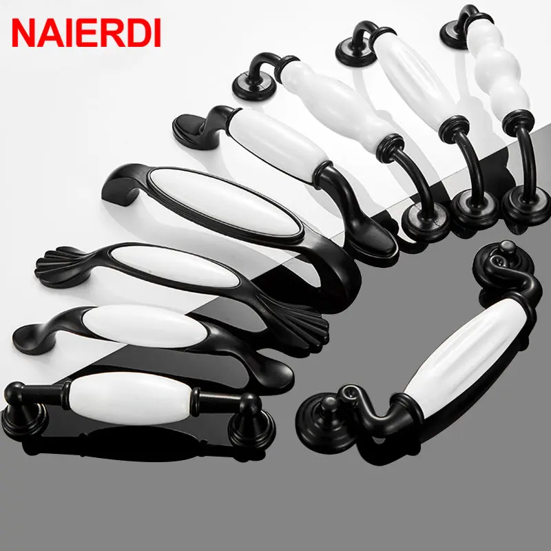 NAIERDI Black White Ceramic Cabinet Handles Zinc Alloy European Cabinet Pulls Drawer Knobs Wardrobe Door Handle Furniture Handle