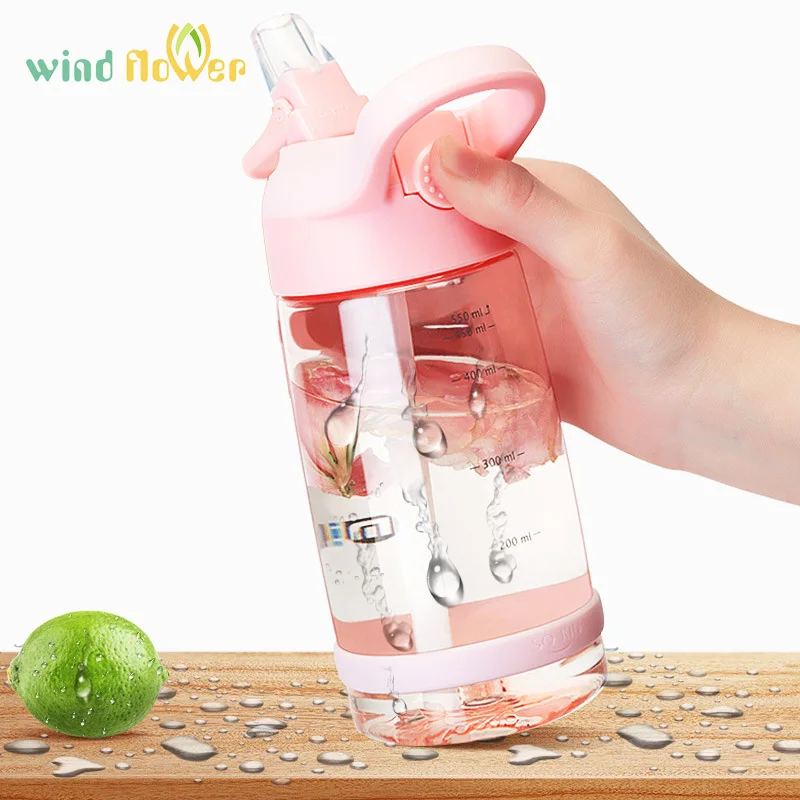 

Wind Flower Creative Portable Handle Transparent Straw Plastic Girl Student Kids Outdoor Leak Proof Water Bottle