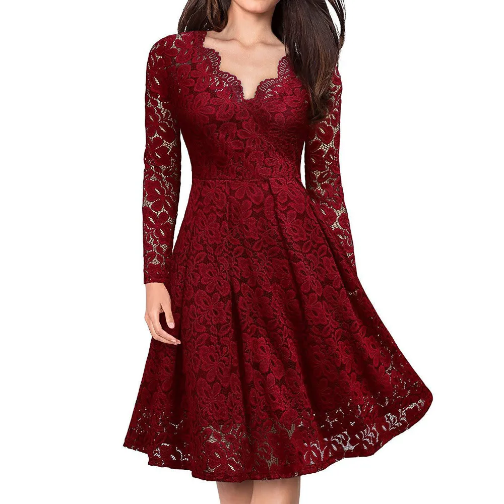 

Vintage Long Sleeve Lace Party Dresses for Women 2024 Summer Retro Casual A Line Rockabilly Elegant Sexy V Neck Swing Dress 3XL