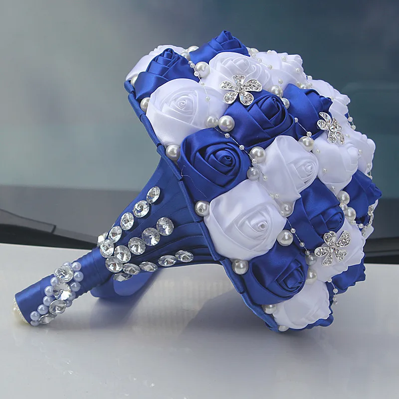 Korean Bride Wedding Bouquet Luxury Diamond Pearl Sapphire Blue + White Silk Rose Handmade Bridesmaid Bouquet W224