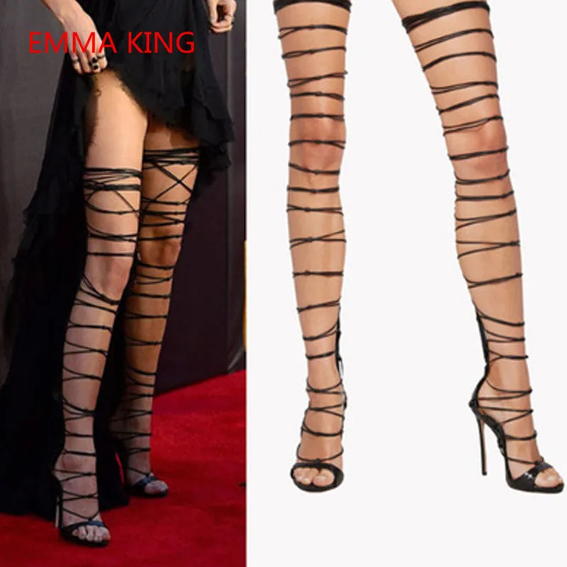 Emma King Summer Women Cross-Ties Thigh High Boots Open Toe Cut Out Sexy Women High Heels Shoes Runway Ladies Gladiator Sandals