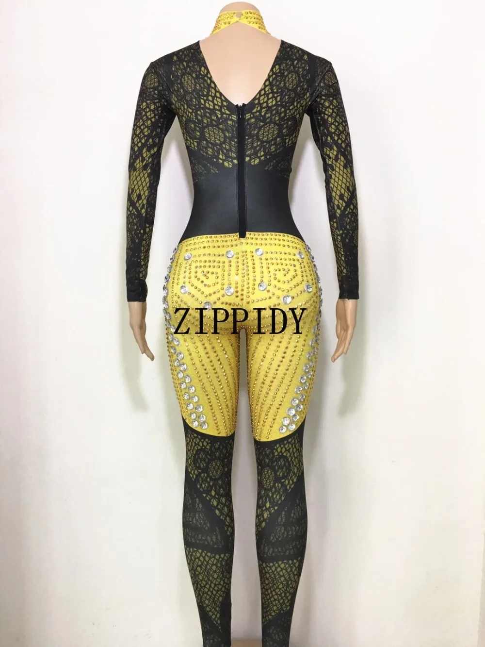 Macacão estampado com correntes e strass, roupa feminina sexy com cristais grandes, stretch, para cantoras, dançarinas, discoteca, celebração