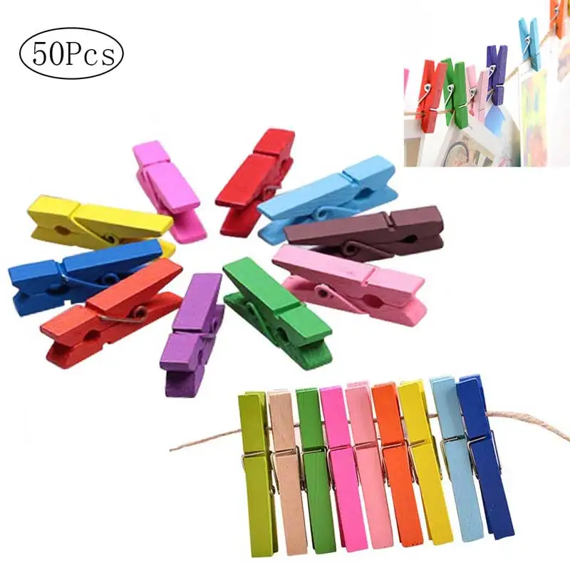 50Pcs Mini Wooden Clothespin Photo Paper Peg Pin Home School Office Stationery DIY Wall Decoration Mixed Color Craft Clips 4 Siz