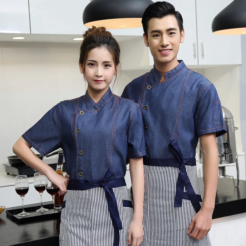 Hotel Restaurant Küche Uniform Kurzarm Farbecht und Schrumpfen Beständig Denim Chef Uniform Koch Koch Jacke B-6006