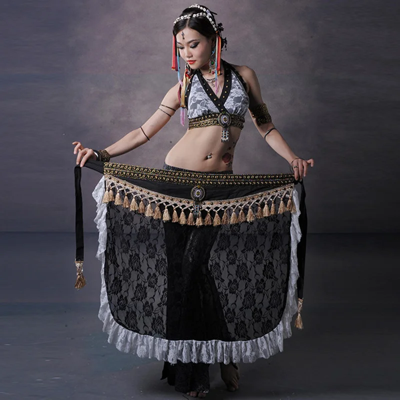 Floral Lace Tribal Belly Dance Clothing Studded Plus Size 3-piece Fringe Costume Set Women Crop Tops Belt Pants