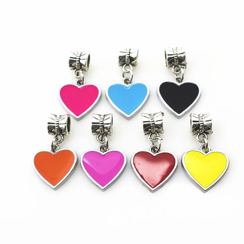 

50pcs Mix Color Heart Dangle Charms Hanging Big Hole Pendant Beads Fit Brand Bracelet Diy Jewelry