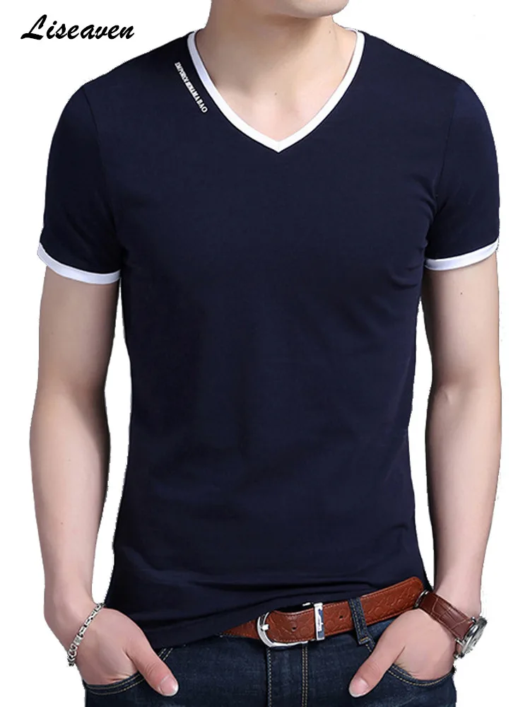 Liseaven Men T Shirt V-Neck cotton tshirt Short Sleeve T-Shirts Men\'s Slim Fit Solid Color Tee Shirt