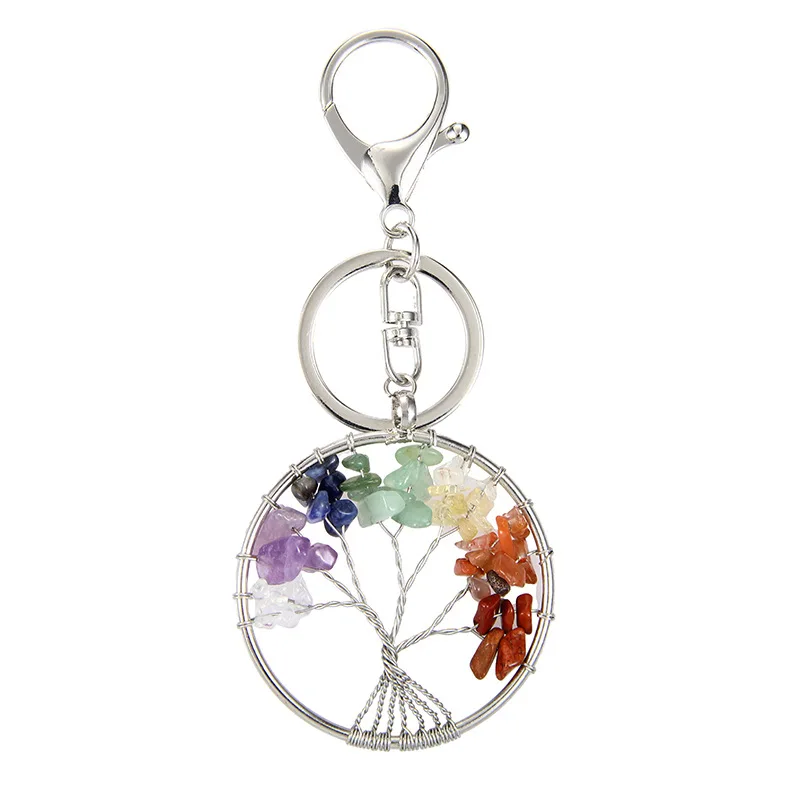 12PCS Natural Stone Life Of Tree Key Chain For Women 7 Chakra Yoga Beads Keychain On Bag Car Trinket   FriendsParty Gift