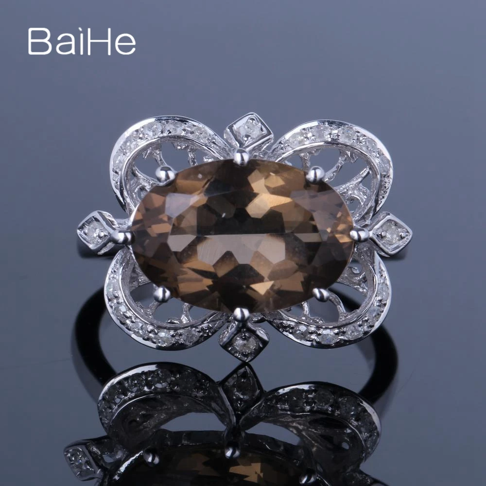 BAIHE Solid 10K White Gold 4.2ct Oval SMOKEY QUARTZ TOPAZ Ring for Women Trendy Gift sweet Ring кольца кольцо real Gold