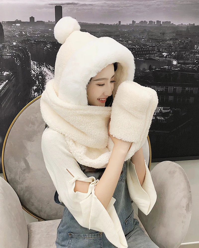 ZDFURS*Autumn and winter hat female plush thick double-layer northeast hat warm cycling neck scarf scarf gloves one gift