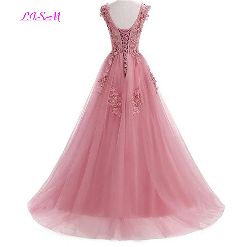 Lace Appliques Beaded Tulle Prom Dresses A-Line Sleeveless Evening Formal Dress Long Party Gowns vestidos de gala