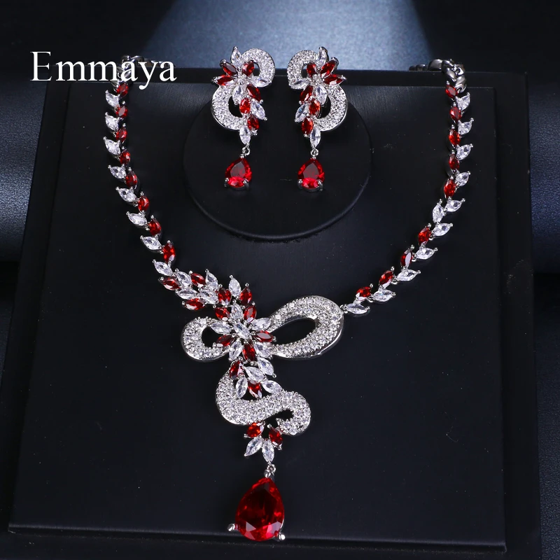 Emmaya Brand Fashion Water Drop Shape AAA Cubic Zircon Three Colors Crystal Earrings Necklace Set For Women Bride Jewelry Gift