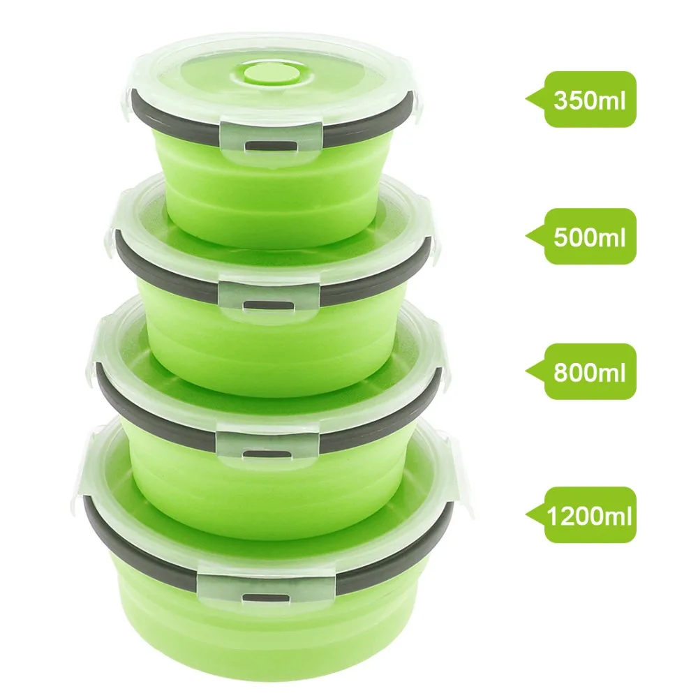 4pcs Silicone Lunch Box Portable Bowl Colorful Folding Food Container Lunchbox 350/500/800/1200ml Eco-Friendly Outdoor Box