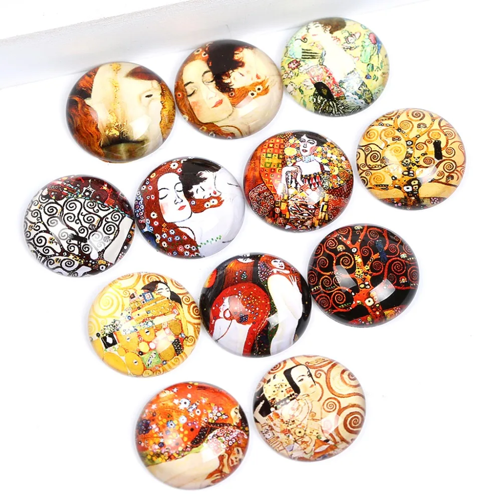 

reidgaller 20pcs mix gustav Klimt painting photo glass cabochon 20mm 25mm diy handmade flatback round dome jewelry findings