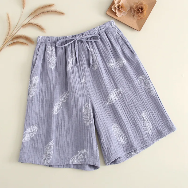 New Summer Couple 100% Cotton Gauze Crepe Shorts Feather Printing Lounge Sleep Shorts Men and Women Bottoms Lounge Pants