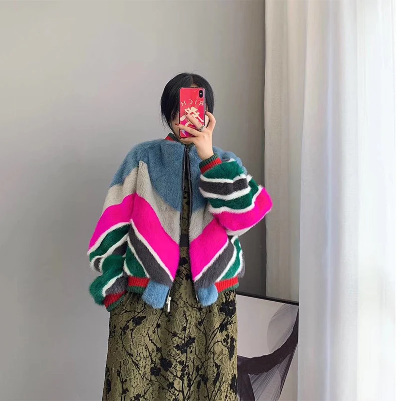 Ftangaiur Women Velvet Mink Fur Coat Striped Patchwork Contrast Color Mink Coats For Women's Short Real Mink Fur Coats