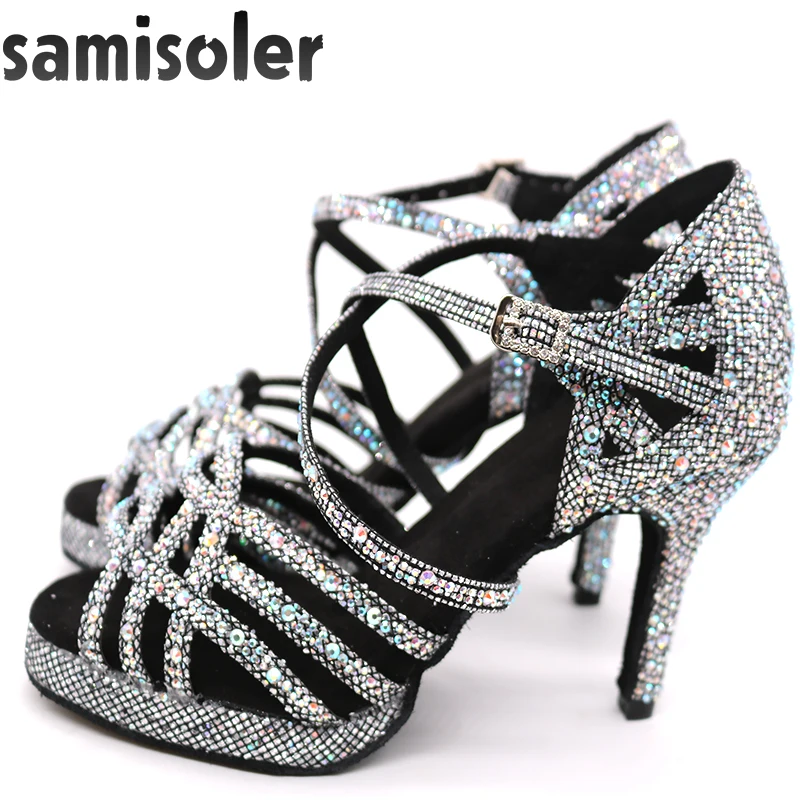 Latin Dance Shoes with Platform Jazz Shoes Dance Ballroom Shoes Girls Rhinestone High Heels Glitter Salsa Dancing Shoes