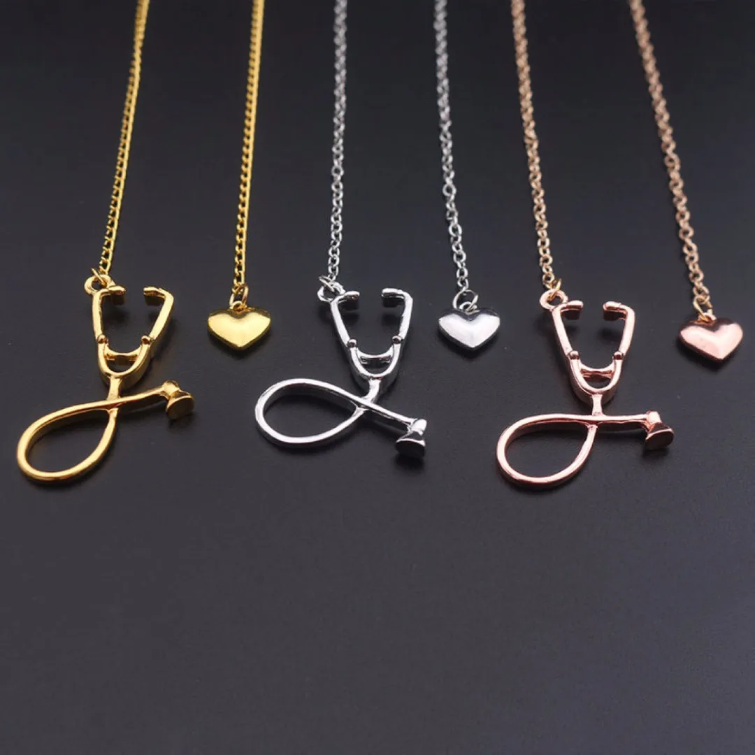 4 Colors Doctor Nurse Stethoscope Lariat Heart Pendant Chain Necklace Jewelry